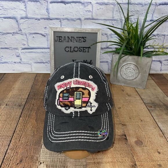 Happy Glamping Cap Distressed Vintage Baseball Hat Home Away From Home Cotton - Picture 1 of 8